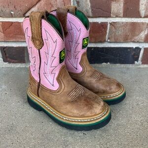 John Deere Girls Brown Pink Pull on Boots Size 9